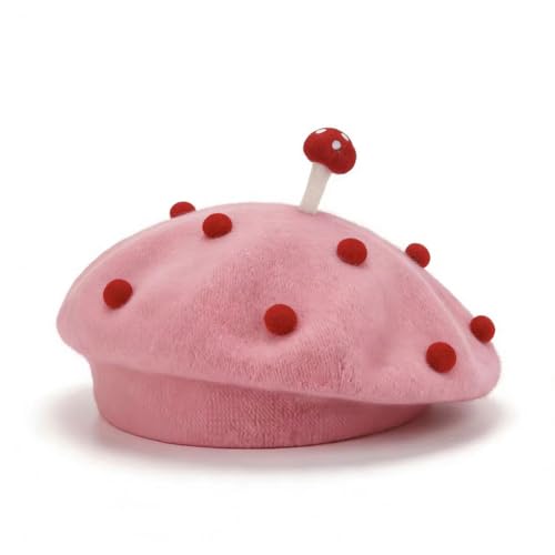 Red Mushroom Beret Hat, Christmas Theme Winter Fashion Accessory (US, Alpha, One Size, Pink)