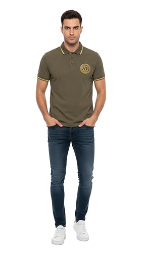 VERSACE JEANS COUTURE Olive Mens Slim Fit Polo Shirt with Gold Trim-M