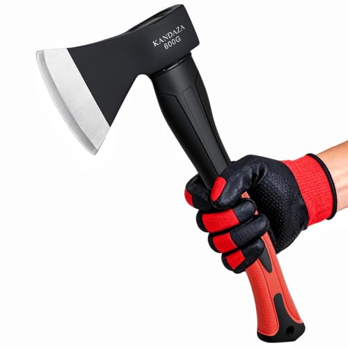 Camping Axe, 15” Small Outdoor Hatchet for Chopping Wood and Splitting, Forged Carbon Steel,Splitting Axe with Shock-Absorbing Fiberglass Handle, Non-Slip Grip for Outdoor Survival