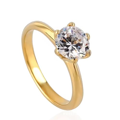 GJYombuke Anillo de compromiso de moissanita de imitación, acero inoxidable chapado en oro de 18 quilates, anillo solitario de circonita de 6 puntas, anillo de compromiso clásico para mujer, anillo de