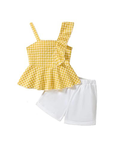 Mieuricta Girls Summer Outfits Set 2 Piece Sleeveless Ruffle Top and Shorts with Pockets Clothes for Girls Yellow 7-8 Years