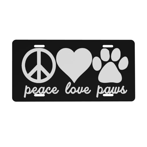 Image of KOSUES Peace Love Paws Aluminum License Plate 6 x 12 Inch Metal Car Front License Plate Cover Car Decor Accessory Novelty Vanity Decoration Tag with 4 Holes Gift for Men Women