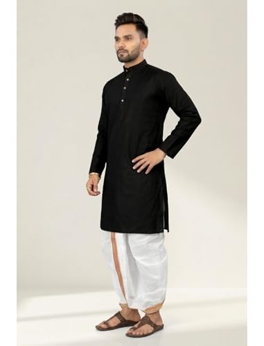 Image of UNIQUE MOMENTS Men's Cotton Dhoti Kurta Set with Full Sleeves Solid Pattern Modern Style and Mandarin Collar Neck | Perfect for Puja & Celebrations