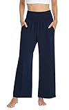 TARSE Womens Wide Leg Pants Plus Size High Waist Yoga Sweatpants Casual Loose Lounge Palazzo Pants Pockets(Navy,XL)