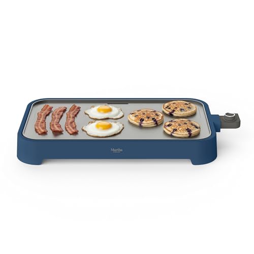 Martha Stewart 12” x 22” Electric Griddle, XL Ceramic Nonstick Flat Top Cooking Surface, Adjustable Temperature Dial, Drip Tray, Dishwasher Safe, 1500W Fast Even Heating, Pancakes & Eggs, Indigo Blue