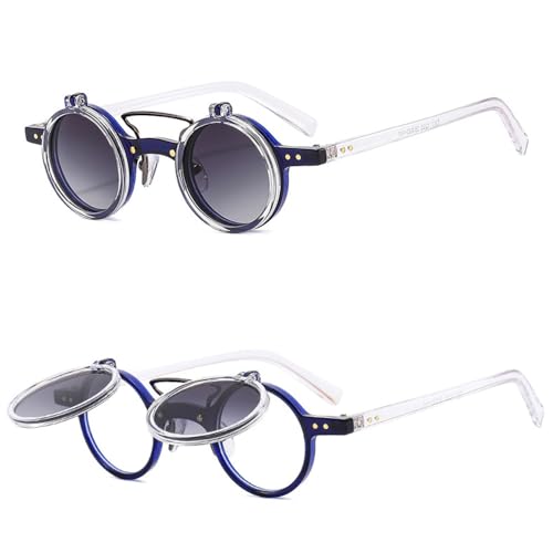Image of HYLLE Retro Flip-Up Round Goggles Seampunk Sunglasses for Men Women 90s Style