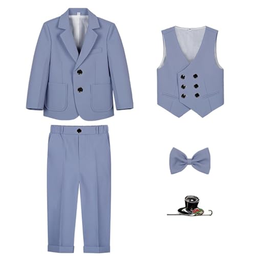 Traje de 5 piezas para niño con camisa a cuadros, pantalones y abrigo de entretiempo
