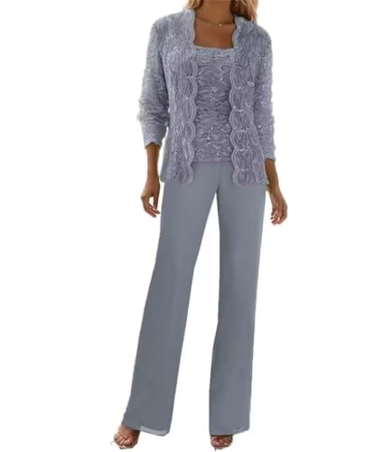 Image of 3 Pieces Chiffon Lace Mother of The Bride Pant Suits with Jackets Sequins Wedding Guest Dresses for Women