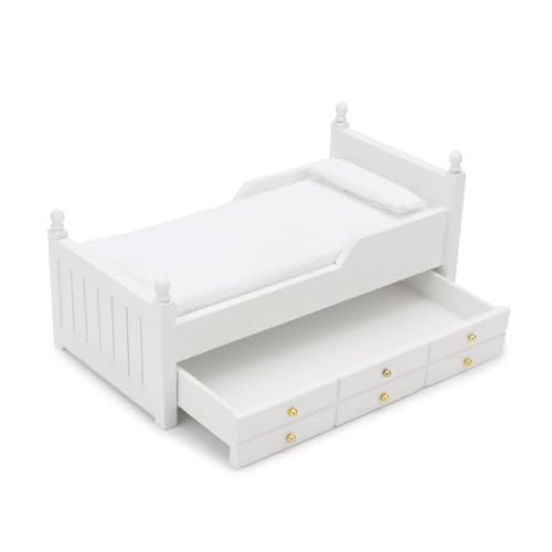 Cutemini DJ0077 Dollhouse Miniature Bed With Drawer 1:12 Wooden Furniture European Bedroom Bedding Furniture Accessories With Pillow & Mattresses Vintage Floral Fabric Mini House Decoration cover