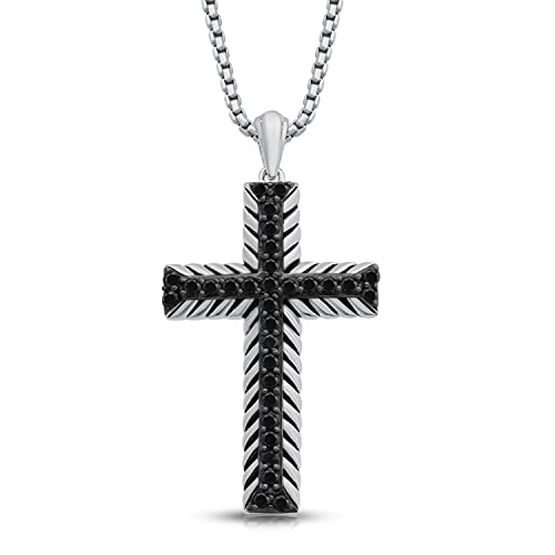 Jewelili Sterling Silver or Yellow Gold Plated Sterling Silver Cross Necklace for Men | 1/2 CTTW Treated Black Round Diamonds | 22