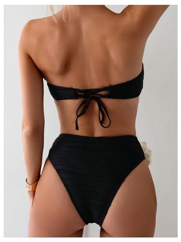 OYOANGLE Women's 2 Piece Strapless Bikini Sets 3D Floral Scallop Trim Tie Back Low Rise Bathing Suit Textured Swimsuits2