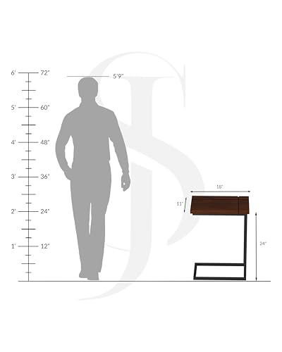 Image of Modern C-Side End Table for Living Room - Mango Wood with Black Metal Frame, Contemporary Sofa Side Table for Bedroom & Office (18L x 11D x 24H Inches) (Walnut Brown)