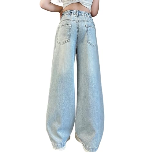 Tween Girls Baggy Jeans-Elastic Waistband Wide Leg Denim Pants with Heart Embroidery, Streetwear for Girls3