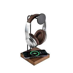 Sea Wolf Engraving Headphone Stand with Wireless Charger – Handmade Minimalistic Headset Holder & Charger for Qi-Enabled Devices (Walnut Ashwood + Engraving)
