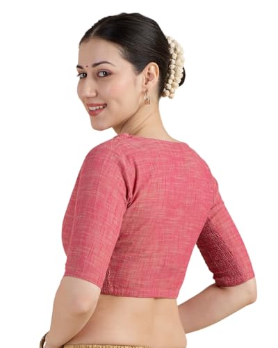 Image of Studio Shringaar Women's Handloom Cotton Side Stretchable (Smocked) Readymade Saree Blouse with Crochet Neckline