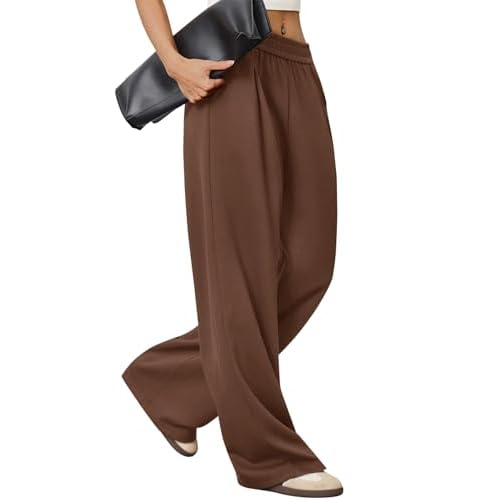 LOMON Womens Wide Leg Pants Travel Casual Lounge High Waist Flowy Palazzo Pants with Pocket Loose Spring Summer Clothing Brown Small
