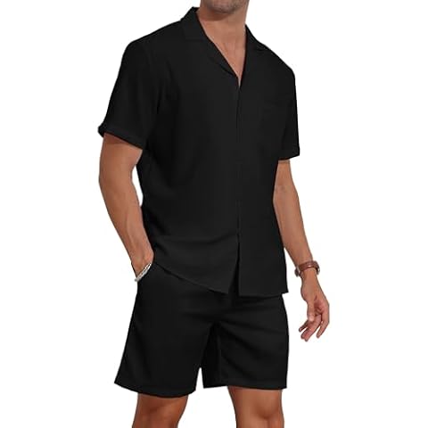 YTD Men's 2 Pieces Shirt Set Short Sleeve Button Down Casual Hippie Holiday Beach T-Shirts Shorts Outfits L Black Cover