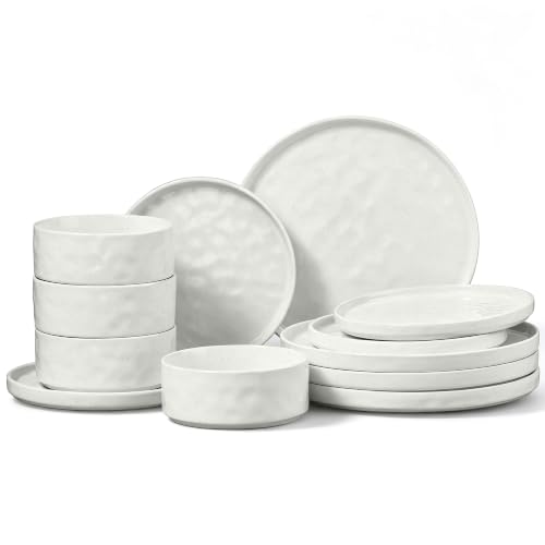 E-far Stoneware Dinnerware Set, 12-Piece White Plates and Bowls Sets for 4