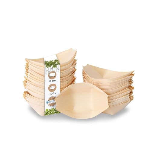 BIOZOYG 100 Stück Buffet Zubehör Snackschalen Holz 8 cm - Alternative für Bambus Teller Einweg naturbelassen - Einweggeschirr modern - Catering-Zubehör Holzschalen