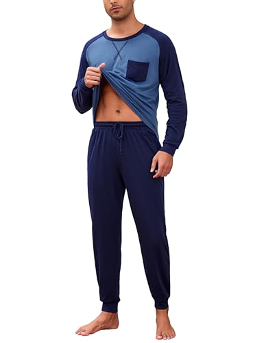 Aseniza Conjunto de pijama de inverno para homem - pijama de algodão para homem de manga comprida com design retangular e contraste roupa de dormir inverno 2 peças, Azul céu, M