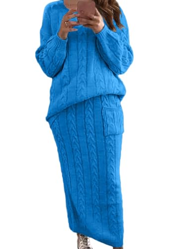 Image of chouyatou Women Winter Casual Chunky Cable Knit Long Pencil Skirt 2 Piece Outfit Oversized Pullover Sweater Sets