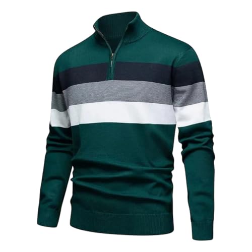 Men Striped Knitted Pullovers Stand Collar Patchwork Half Zipper Casual Knit Sweater