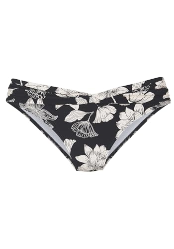 s.Oliver Damen Bikinihose mit Umschlagbund mit schwarz weißem Blumenmuster