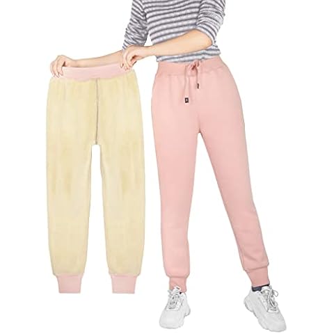 ThEast Women's Warm Sherpa Lined Athletic Sweatpants Jogger Pashm Pants Trousers - Pink - Large Cover