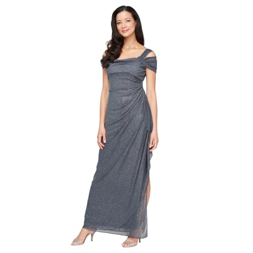 Image of Plus Cold Shoulder Glitter Mesh Dress with Draped Skirt & Cowl Neckline