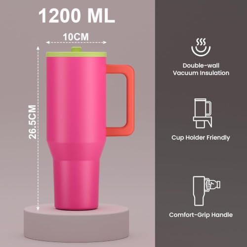 Image of House of Quirk 1200ML Tumbler with Handle & Simple Flip Straw - Car Cup Holder Friendly, Leak Resistant Stainless Steel Water Bottle with Rubber Base (Orchid)