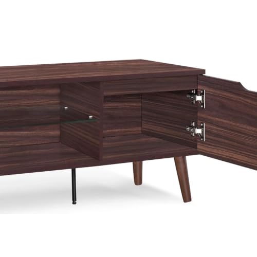 Image of Zenith TV Stand Entertainment Center & Modern Media Console Table for Living Room | Two Storage Doors | Tempered Glass Middle Shelf | Solid Wooden Legs | Comfort Brown