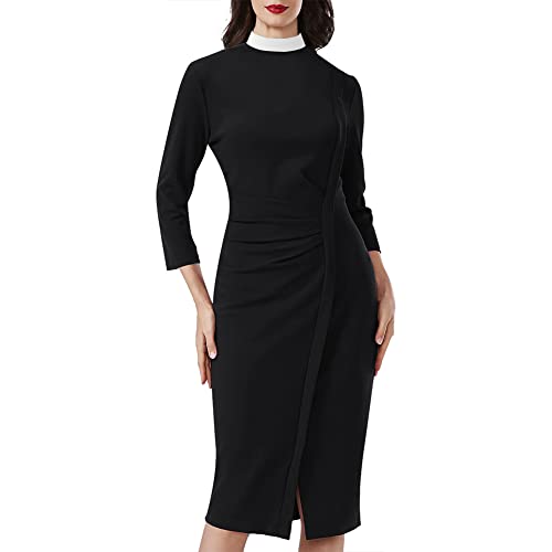 BLESSUME Catholic Church Women Clergy Mass Dress Black Wrap Ruched Split Dress Band Collar