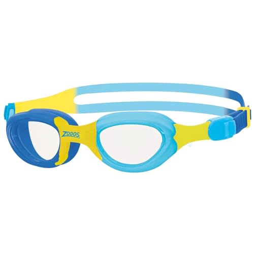 Zoggs Kids' Little Super Seal Swim Goggles | UV Protection & Anti-Fog Lenses | Soft Silicone Gasket & Quick-Adjust Strap, Blue/Yellow - Clear Lens