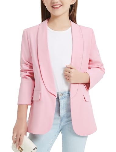 EXARUS Girls Blazer Blazers Suit Jacket Long Sleeve Shawl Collar Formal Open Front Inner Pocket for Kids