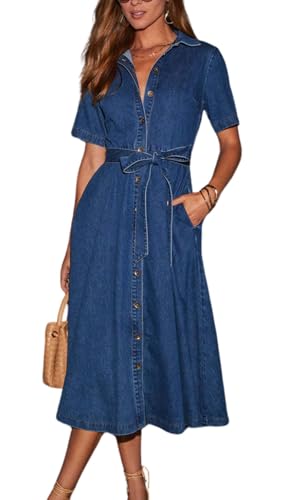 utcoco Women's Denim Shirt Dress with Belt Elegant Short Sleeve Button Down Midi Dress with Pockets (Large, Dark Blue)