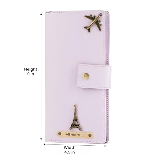 Image of AICA Personalized Name & Charm Long Leather Wallet Passport Cover with (Purple) Passport Boarding Pass Currency Card Slot & Coin Holder for Men & Women|Corporate Gift Employee Colleagues| Diwali Gifts