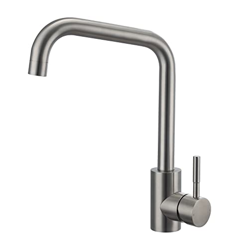 Peppermint Kitchen Sink Mixer Tap Stainless Steel Sink Faucet with Rectangle Swivel Spout, Modern Monobloc Brushed Nickel Kitchen Tap 1 Hole, Mono Single Lever Hot and Cold L Shaped Bar Taps