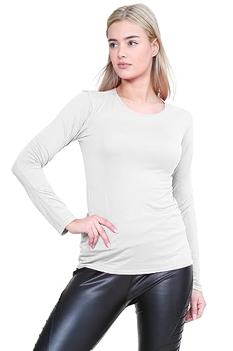 janisramone® Long Sleeve T Shirts Women, Plain Round Neck Breathable Basic Summer Tops for Women UK, Stretchy Slim Fitted Going Out Tops Cream