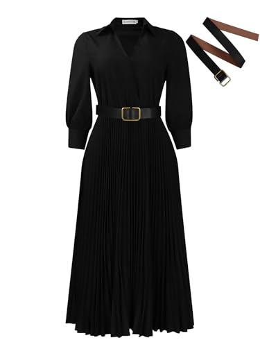 Image of Famnbro Womens Pleated Dress V Neck Long Sleeve A line Church Formal Works Business Dresses with Belt