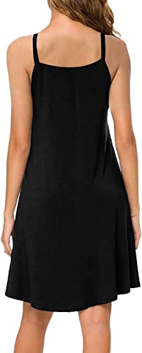 Etcyy Women's Summer Casual Sleeveless V Neck Loose Dress Beach Cover Up Plain Cami Dresses With Pocket Black #TOP1