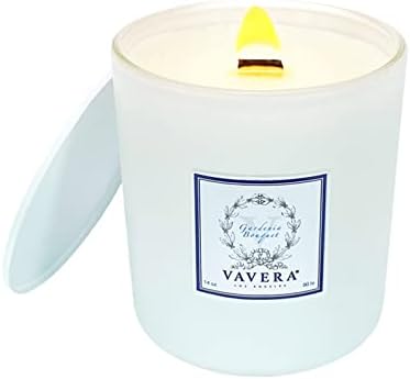 VAVERA Gardenia Bouquet Long Burning Wooden Wick Natural Soy Luxury Candles (11oz / 65 hr/Matte White Jar) Smells Like Actual Fresh Gardenia. Vegan Soy Candles Hand-Crafted in The USA.