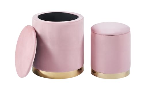 Set Di 2 Pouf Contenitore In Velluto Design Moderno Poggiapiedi,Sgabello Tondo con Coperchio Rimovibile e Seduta Imbottita Alta Densità Con Fascia In Metallo Capiente Storage Box - Rosa Antico
