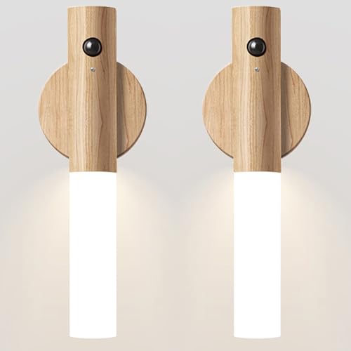 Image of Motion Sensor Light Indoor Night Light Wall Sconce Wooden Rechargeable Portable Magnetic Battery Operated LED Night Light for Kids Bathroom Toliet Light Closet Bedroom,White Ash Wood Pack 2