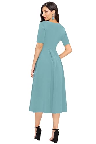 Image of LONDON BELLY Women's Regular Fit Polyester Blend Midi Flare Dress with Round Neck 3 /4 Sleeves Calf Length Solid Pattern and Pull On Closure Type |One Piece Dress for Women