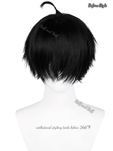 Image of Half and Half Short Black Anime L Note Cosplay Wig for Men Black Emo Costume Gothic Male Wigs with Bangs Layers for Women Unisex Halloween Party