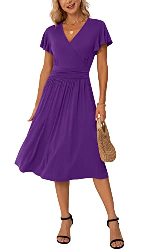 Image of GRECERELLE Spring Summer Dress for Women Casual Ruffle Short Sleeve Wrap V-Neck Dress