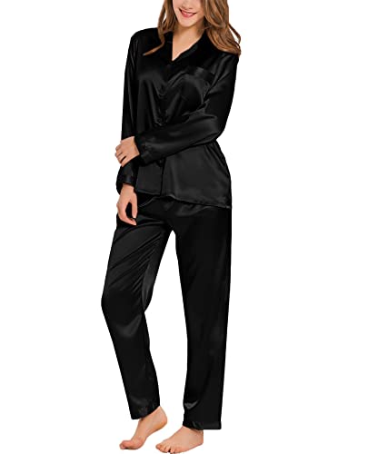 SWOMOG Damen Satin-Schlafanzug-Set Langarm Nachtwäsche Knopfleiste Loungewear 2-teiliges Pj-Set Weiche Pyjamas Schwarz L