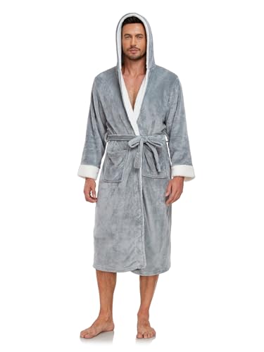 RONGTAI Mens Hooded Fleece Bathrobe Soft Plush Long Robe for Men with Belt & 2 Pockets