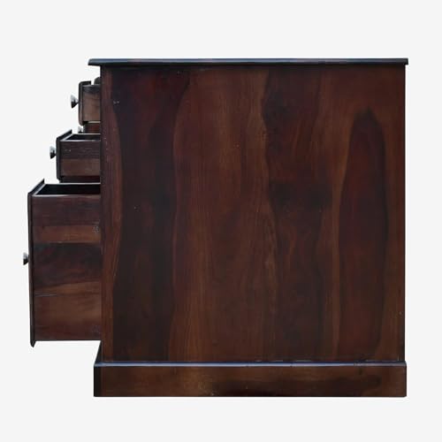 Image of Sheesham Wood Study Table for Bedroom 6 Drawer with Keyboard Tray with Floral Chair Dark Walnut Color with Matte Finished