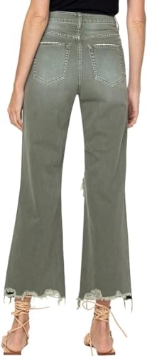 VERVET by Flying Monkey Distressed Cropped Flare Jeans Olive High-Waist3